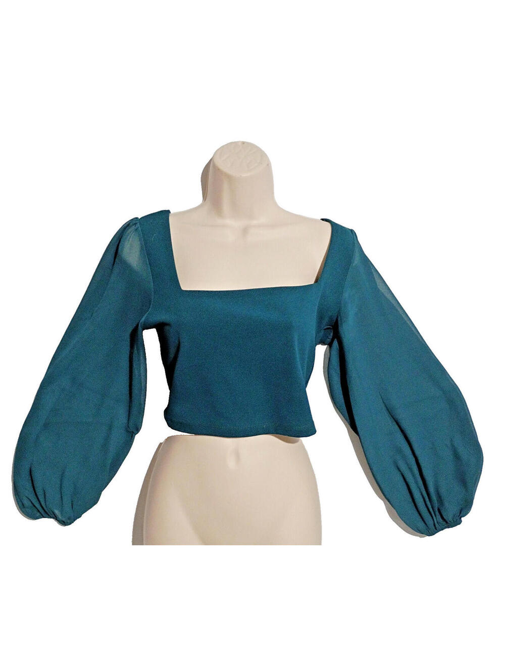 Windsor Women's Crop Top SZ M Teal Green Square Neck Puff Balloon Sleeve Fairy
